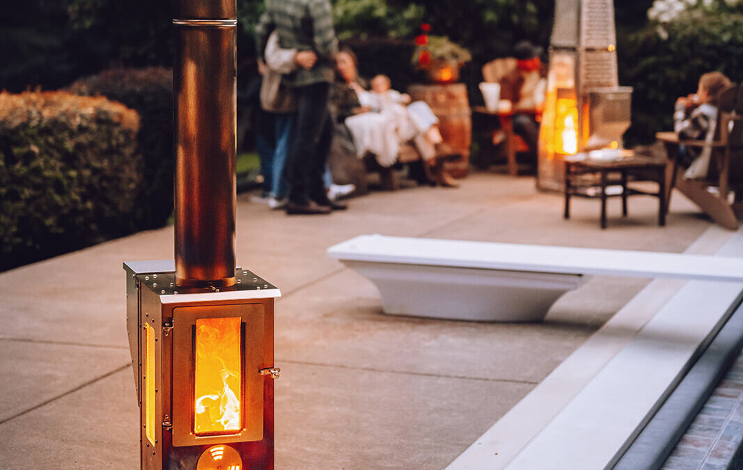 Big Timber wood pellet patio heater on a modern deck