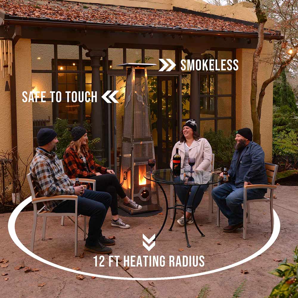 patio-heater-2021m An Elite Timber Patio Heater demonstrating its 450 sq. ft. heating radius