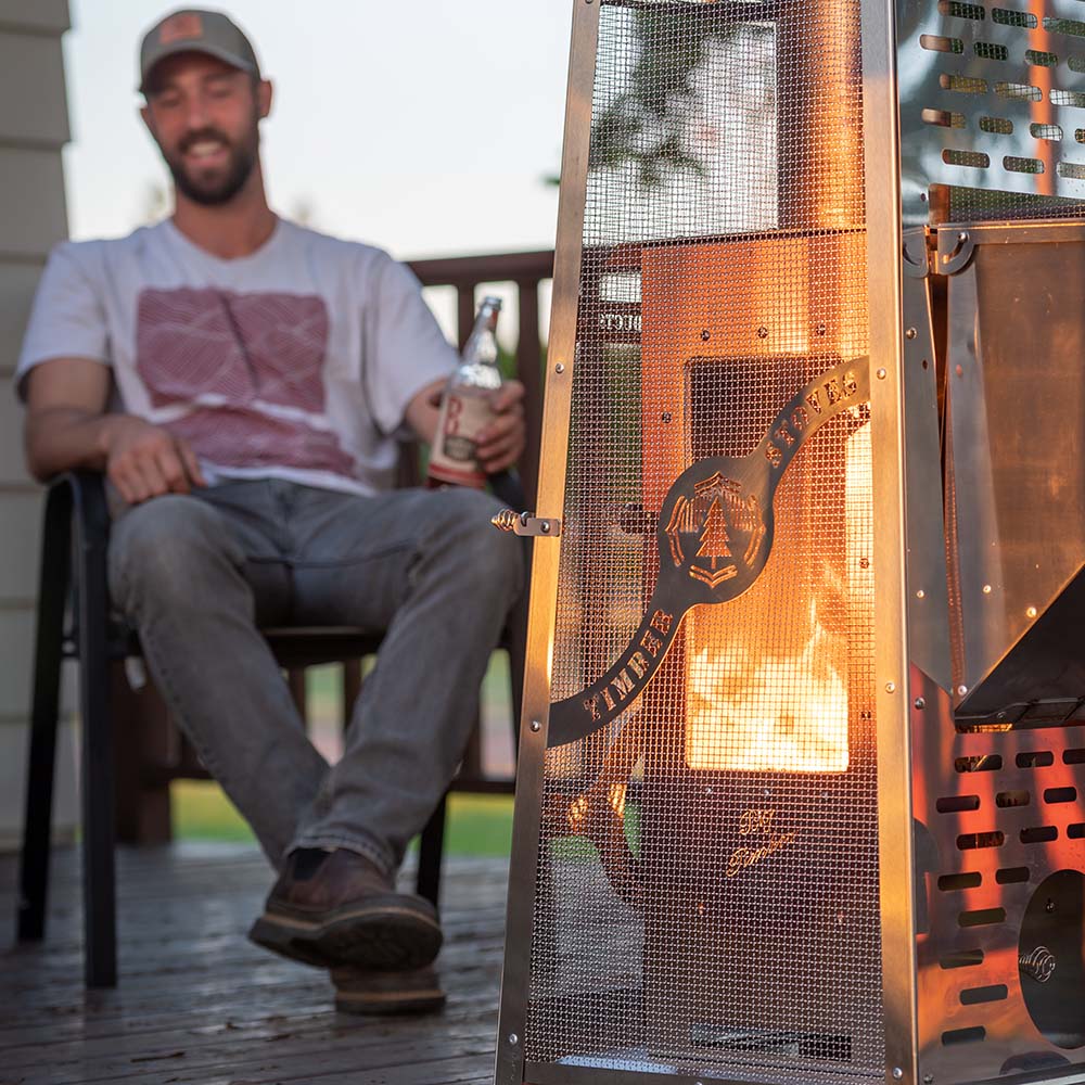 bter An Elite Timber Patio Heater demonstrating its 450 sq. ft. heating radius