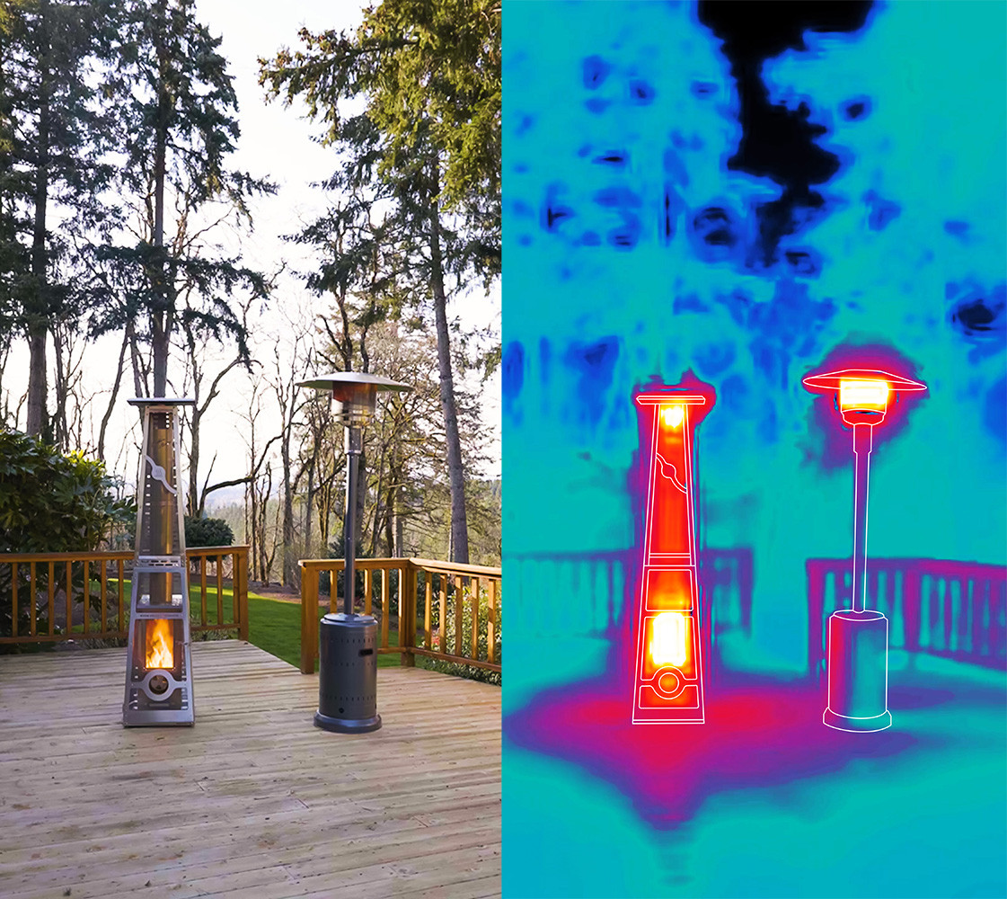 Thermal-comparison-2023 (1) The Lil' Timber patio heater compared to a propane patio heater via thermal imaging