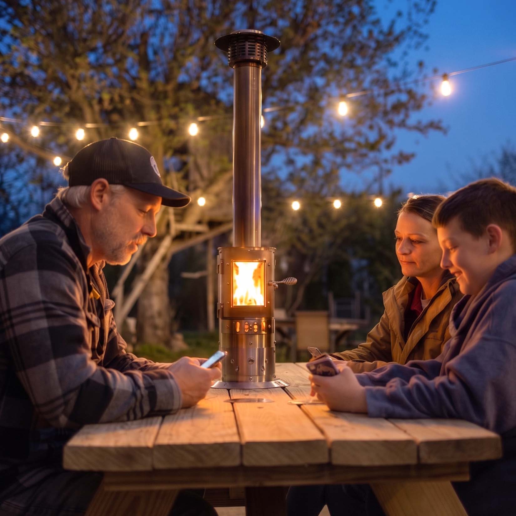 A family enjoying the Scout tabletop outdoor heater.